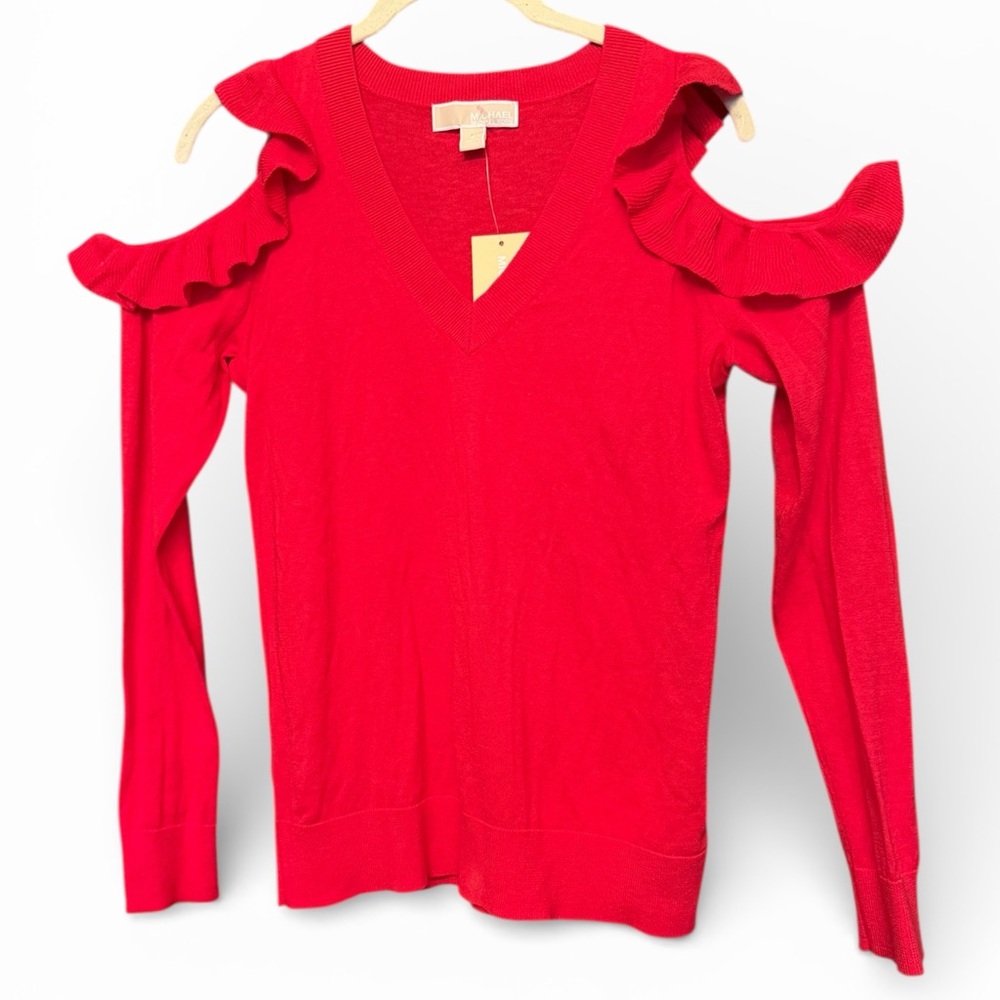 Michael Kors Vibrant Red Open Ruffled Shoulder Top Sz.